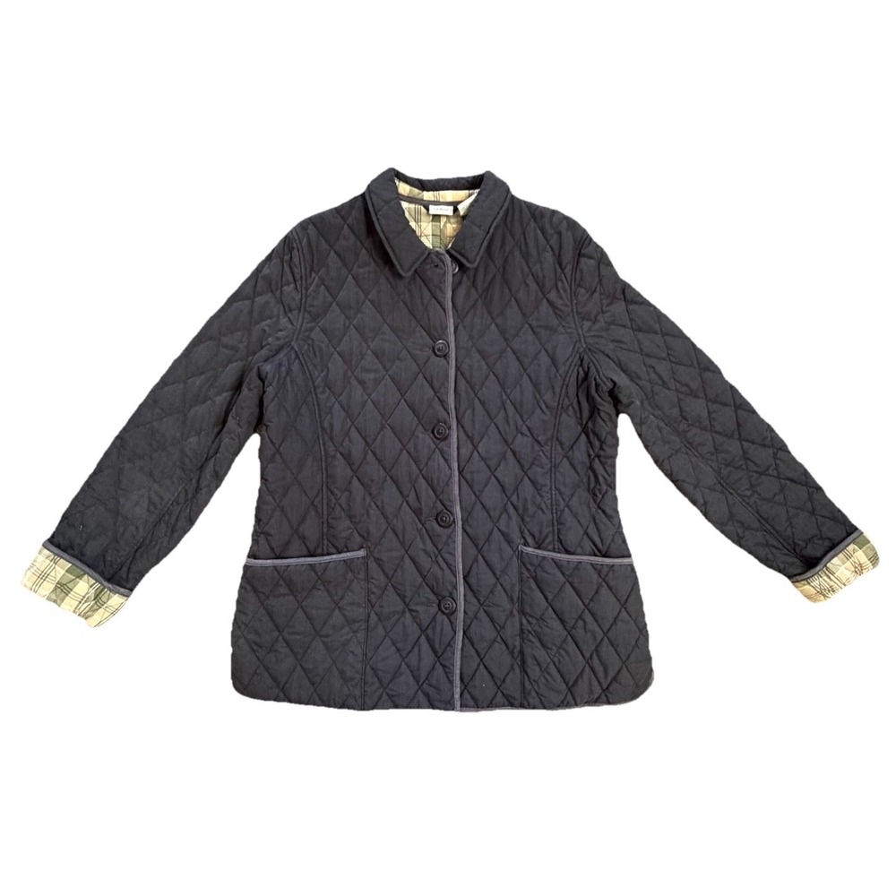 LL Bean Vintage Quilted Riding Jacket Plaid‎ Lined Black Women's Large Buttons